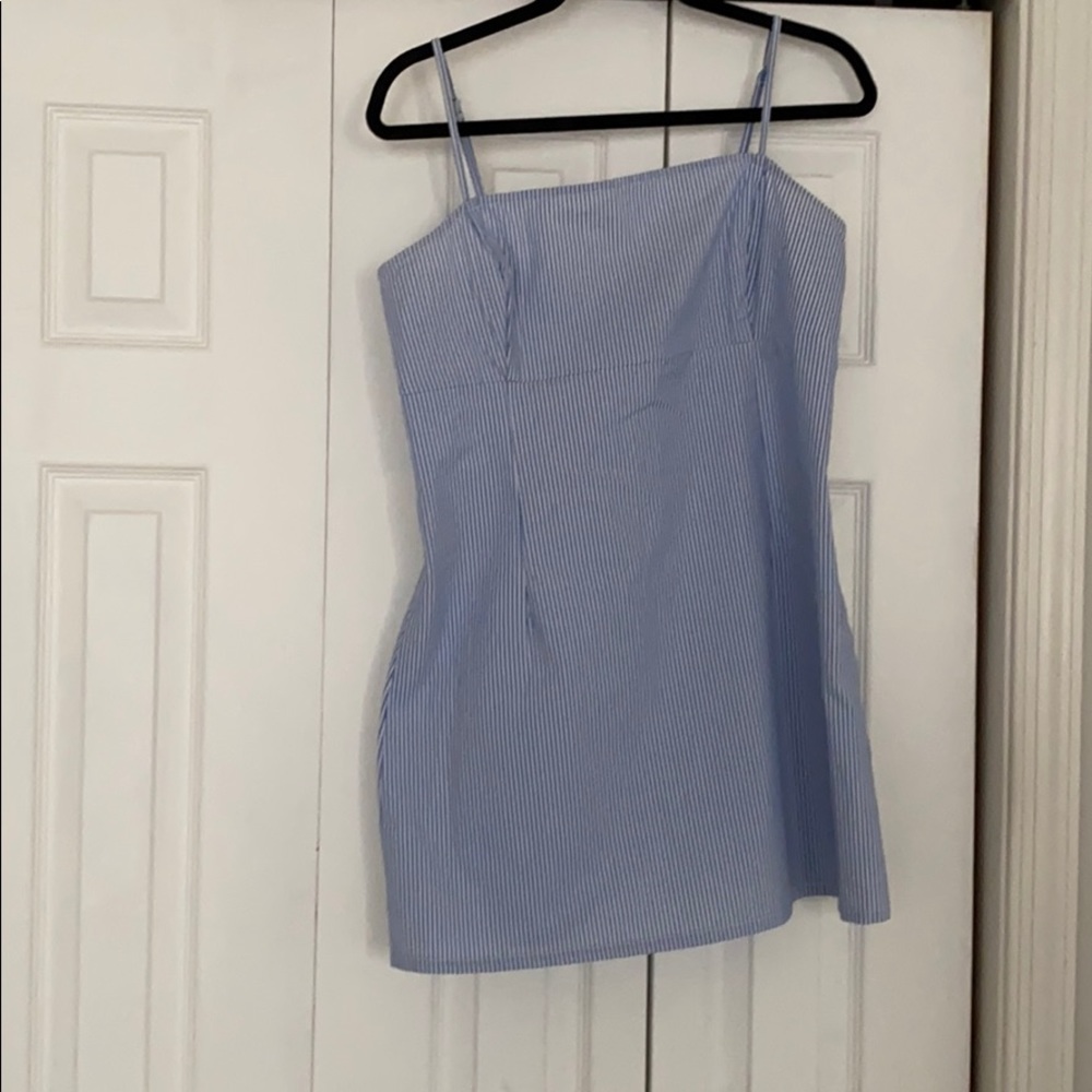 blue and white striped dress
